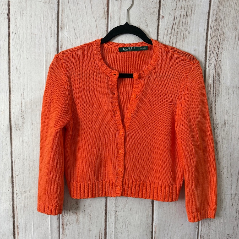 Lauren Ralph Lauren Petite Orange Ribbed Knit Cropped
Button-Front Cardigan SP - Picture 1 of 6